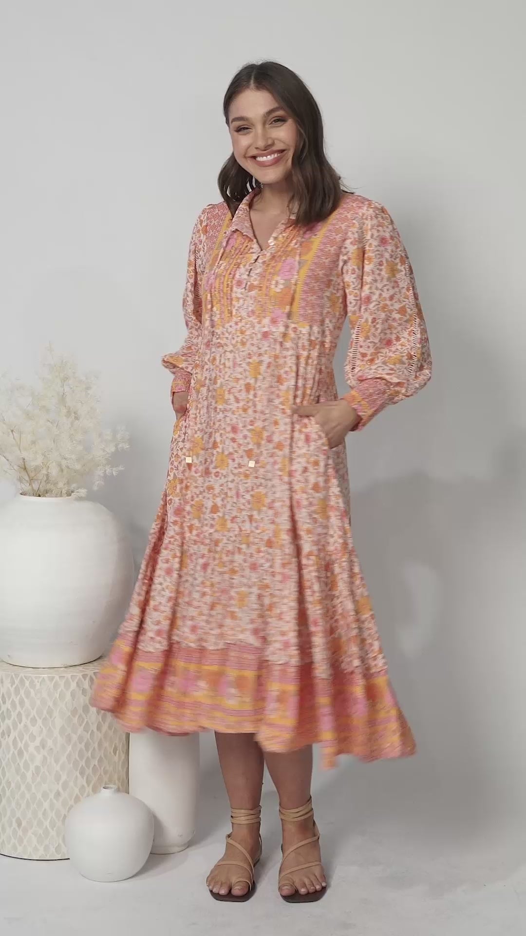 Nirvana Midi Dress - Mandarin Collar with Buttoned Bodice in Amor Print