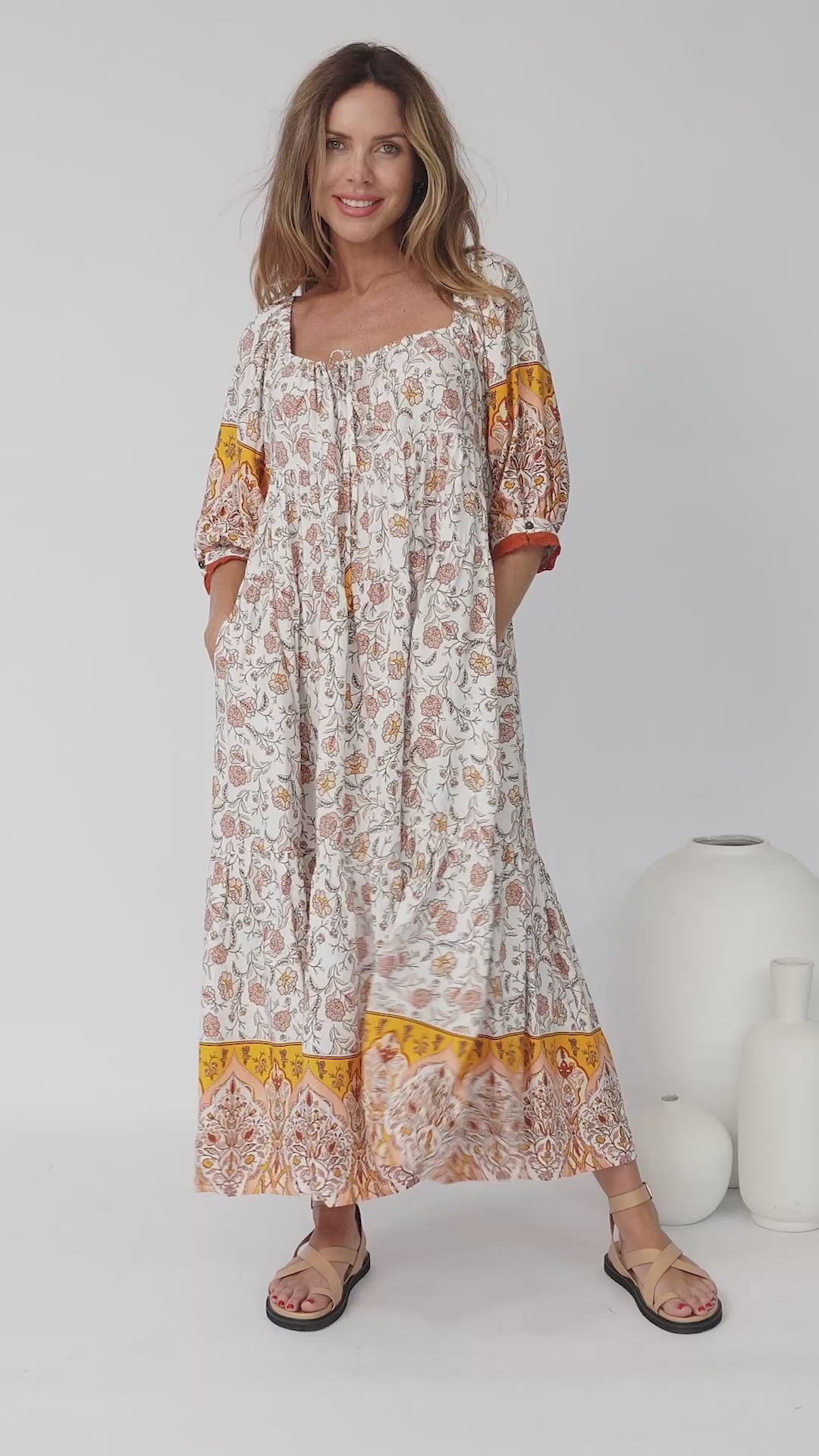 JAASE - Blossom Maxi Dress - Scoop Neck On or Off Shoulder Smock Dress in Quincy Print