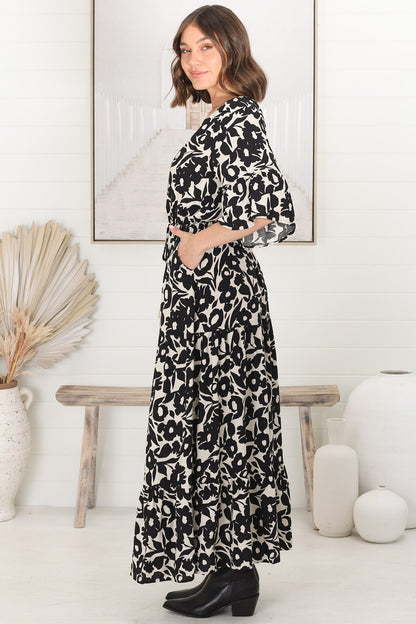 Rae Maxi Dress - Buttoned Bodice Pull Waist A Line Dress in Emma-Jade Print Black