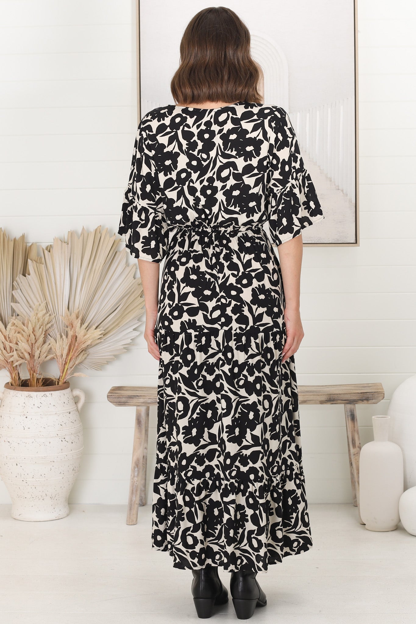 Rae Maxi Dress - Buttoned Bodice Pull Waist A Line Dress in Emma-Jade Print Black
