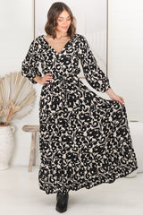 Seara Maxi Dress - Button Down Bodice Tiered A-Line Dress in Emma-Jade Print Black