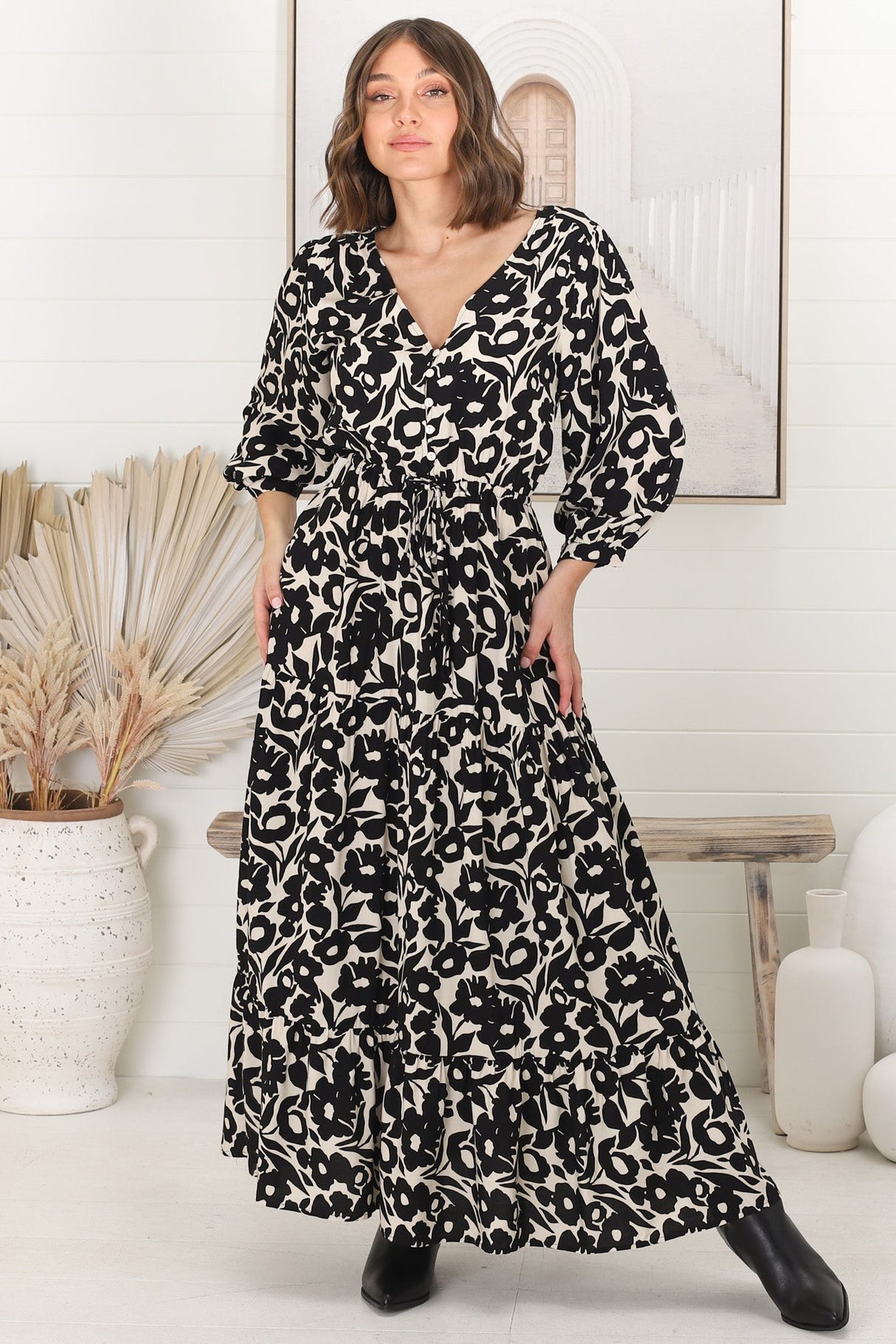 Seara Maxi Dress - Button Down Bodice Tiered A-Line Dress in Emma-Jade Print Black