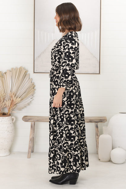 Seara Maxi Dress - Button Down Bodice Tiered A-Line Dress in Emma-Jade Print Black