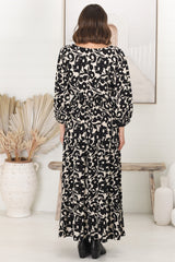 Seara Maxi Dress - Button Down Bodice Tiered A-Line Dress in Emma-Jade Print Black