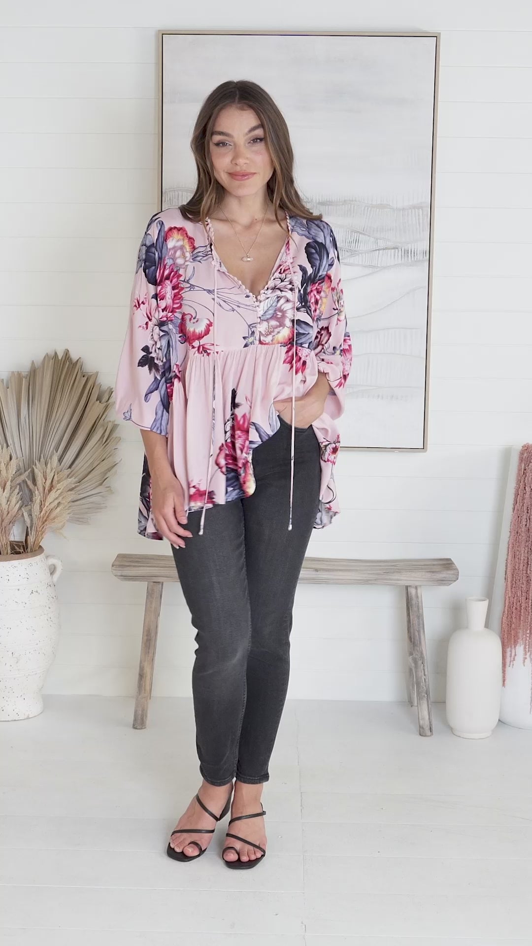 JAASE - Chloe Top: Very Oversized Crochet Trim Neckline Smock Top in Dahlia Print