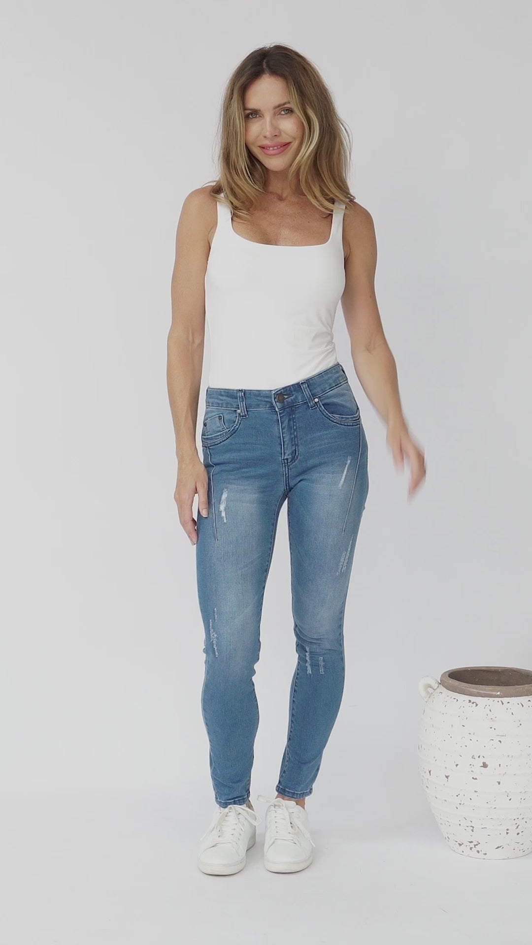 Laurel Jeans - Mid Rise Skinny Leg Distressed Jeans in Blue