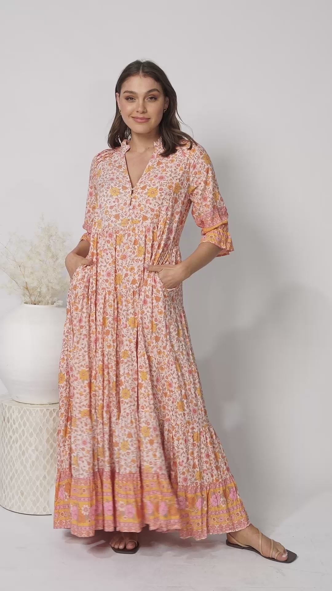 JAASE - Tillie Maxi Dress: Mandarin Collar Tiered Dress in Amor Print