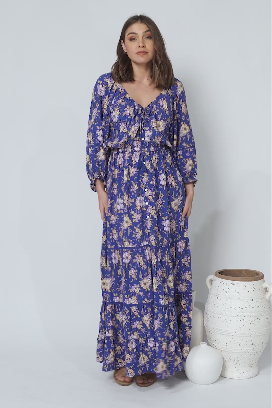 Hailee Maxi Dress - V Neckline Dress with Side Pockets in Delfina Print