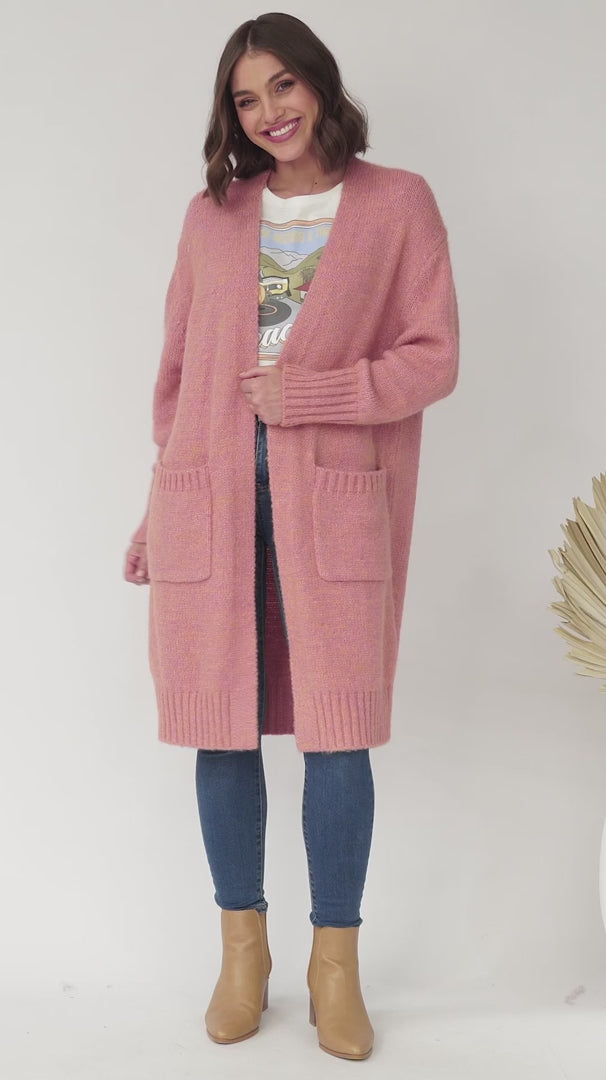 Kartika Cardigan - Long Ribbed Cuff and Hem Cardigan with Pockets in Dusty Rose