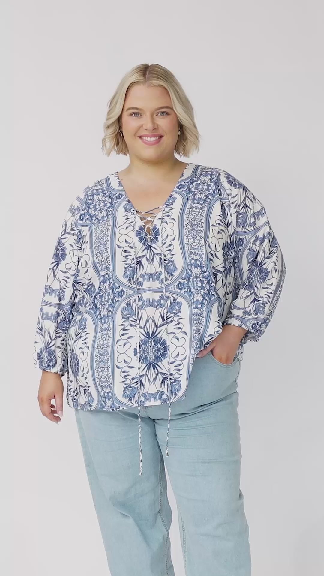 Palas Top - V Neck Slouch Blouse with Criss Cross Bust Tie In Denim Dreams Print