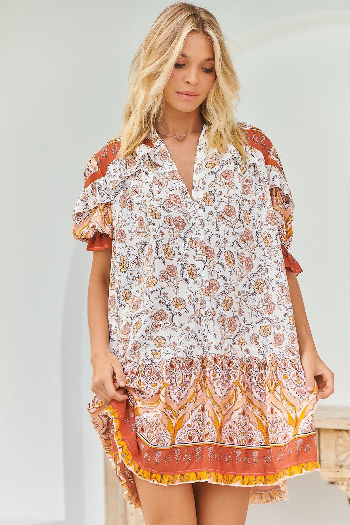 JAASE - Addy Mini Dress: Statement Balloon Sleeve Button Down Dress in Quincy Print