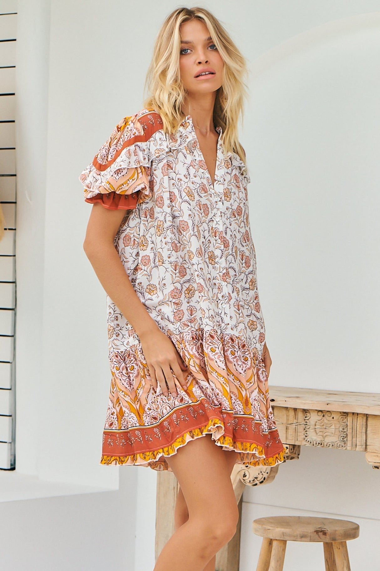 JAASE - Addy Mini Dress: Statement Balloon Sleeve Button Down Dress in Quincy Print