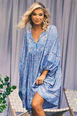 JAASE - Adela Mini Dress: Oversized Smock Dress with Batwing Sleeves in Butterfly Fields Print