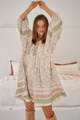 JAASE - Adela Mini Dress: Oversized Smock Dress with Batwing Sleeves in Mist Flower Print