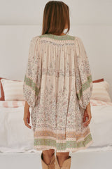 JAASE - Adela Mini Dress: Oversized Smock Dress with Batwing Sleeves in Mist Flower Print