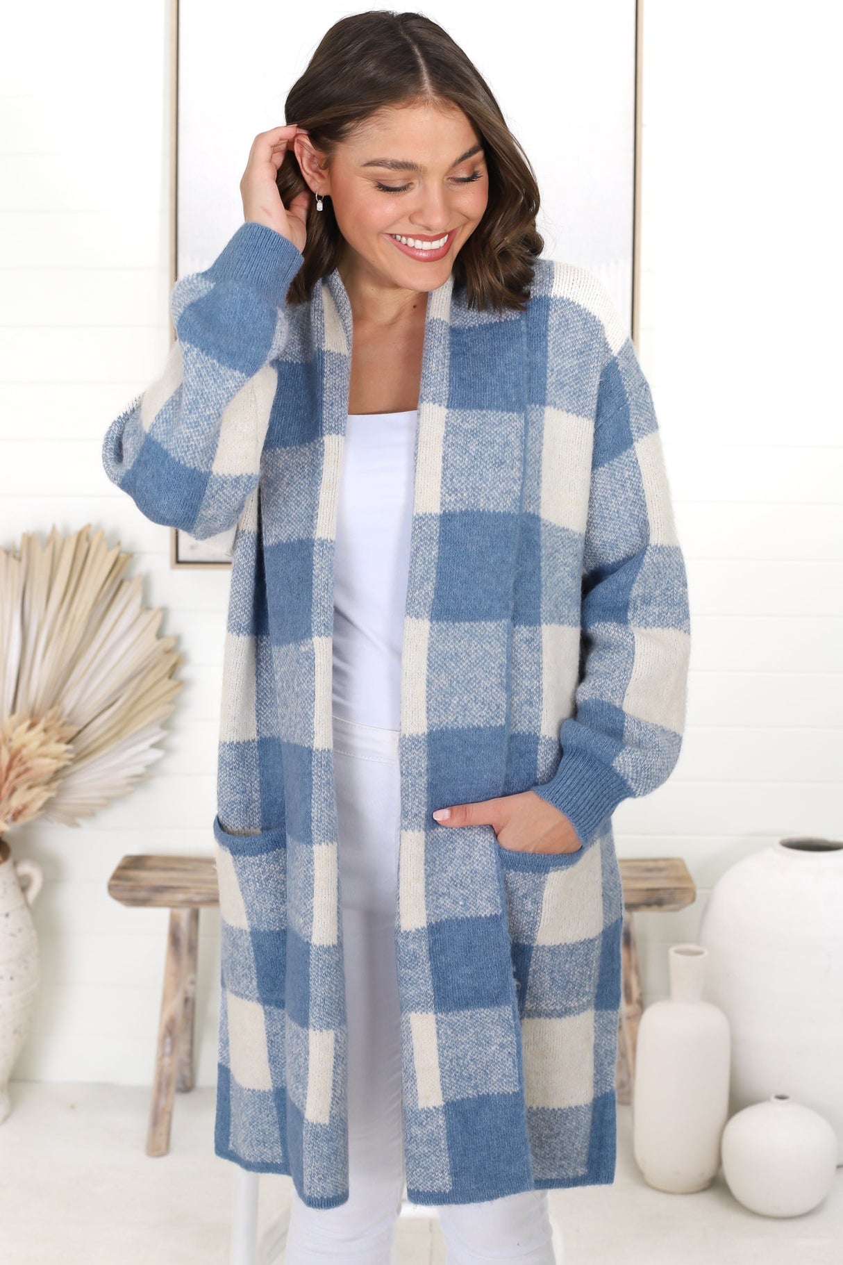 Adelen Cardigan - Folded Center Front Checkered Cardigan in Blue