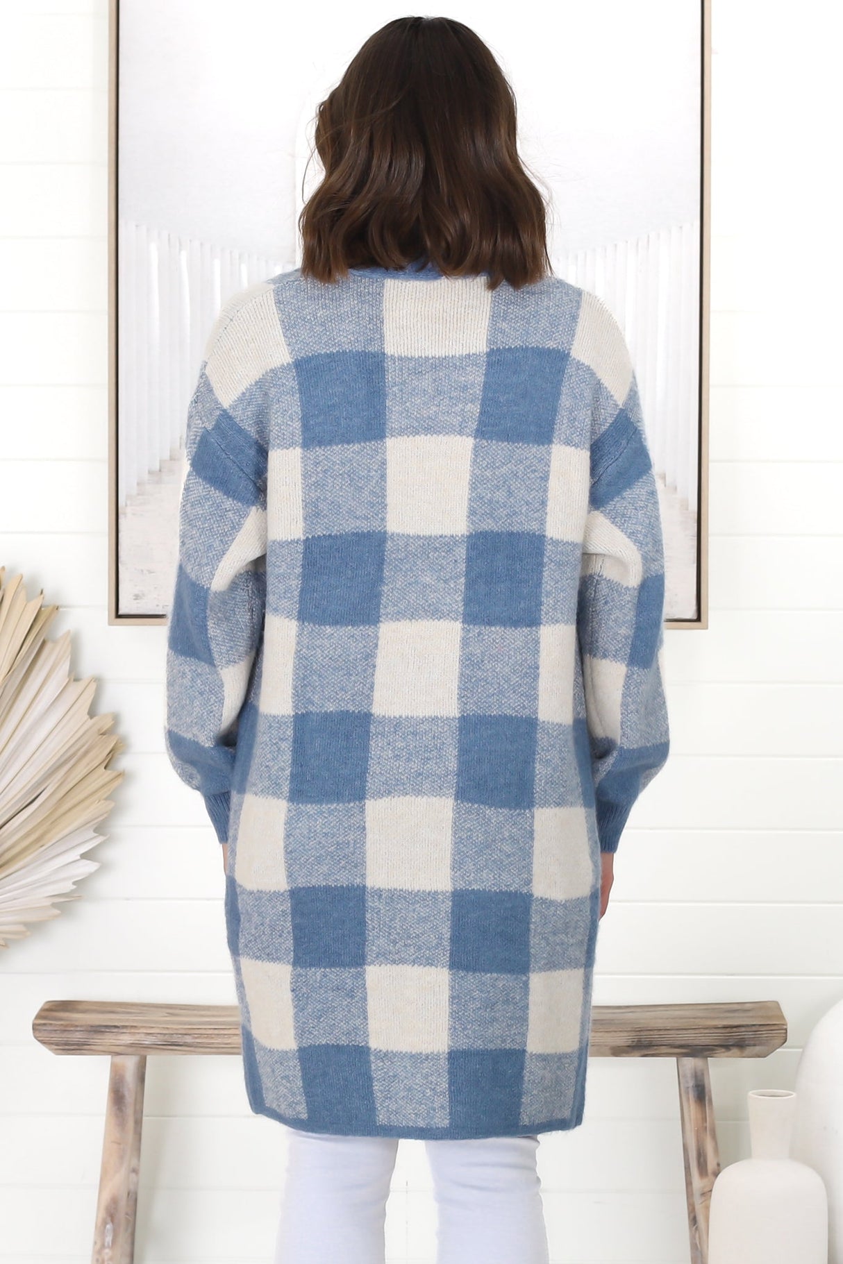 Adelen Cardigan - Folded Center Front Checkered Cardigan in Blue