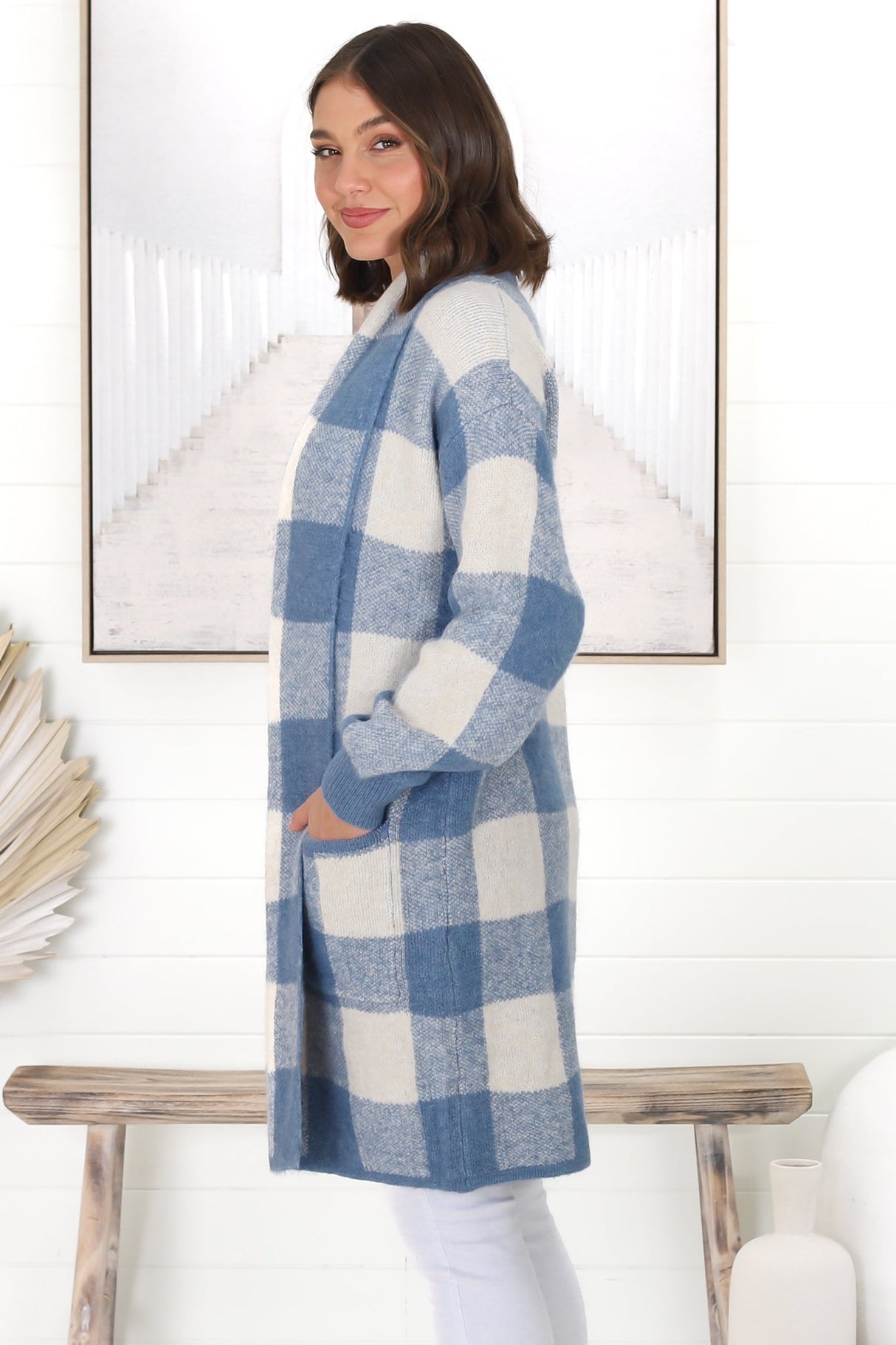 Adelen Cardigan - Folded Center Front Checkered Cardigan in Blue