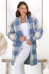 Adelen Cardigan - Folded Center Front Checkered Cardigan in Blue