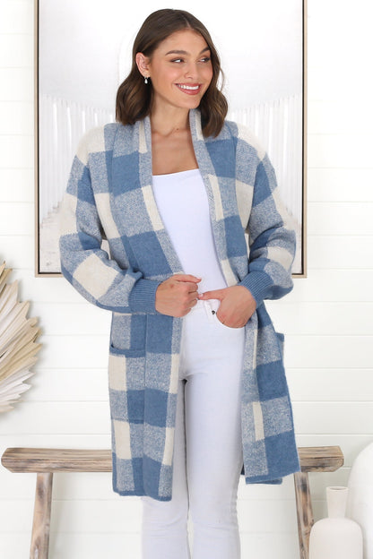 Adelen Cardigan - Folded Center Front Checkered Cardigan in Blue