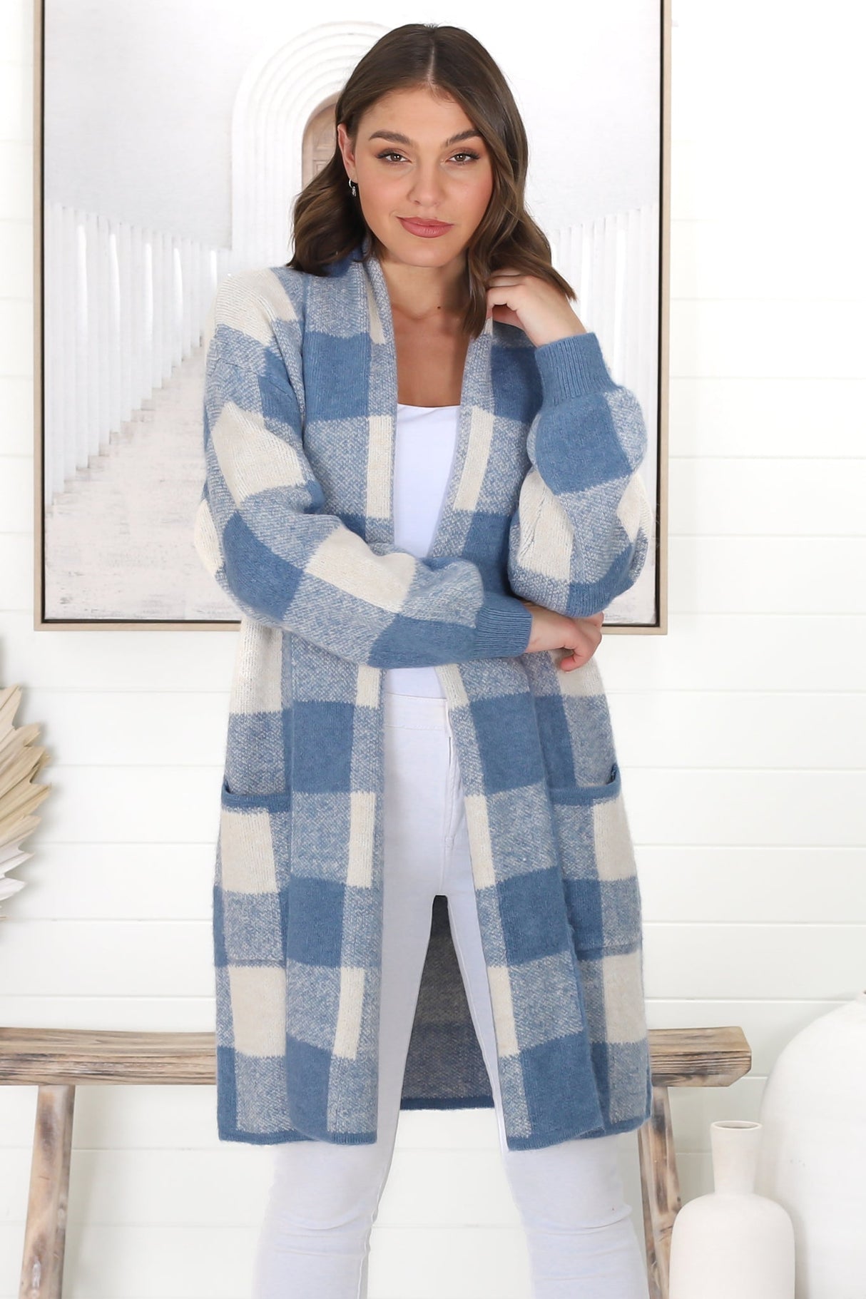 Adelen Cardigan - Folded Center Front Checkered Cardigan in Blue