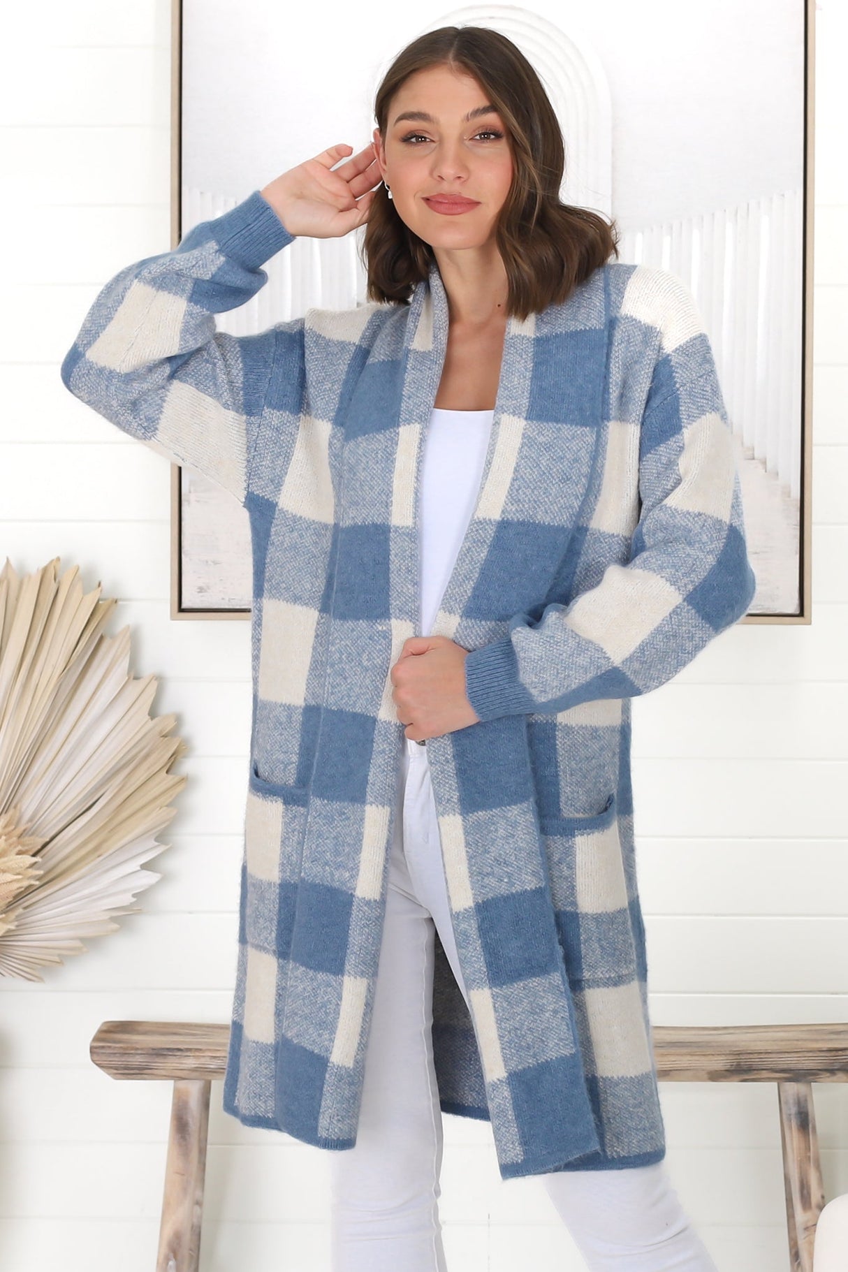 Adelen Cardigan - Folded Center Front Checkered Cardigan in Blue