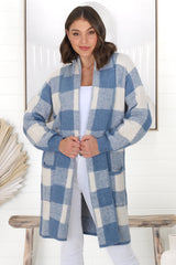 Adelen Cardigan - Folded Center Front Checkered Cardigan in Blue