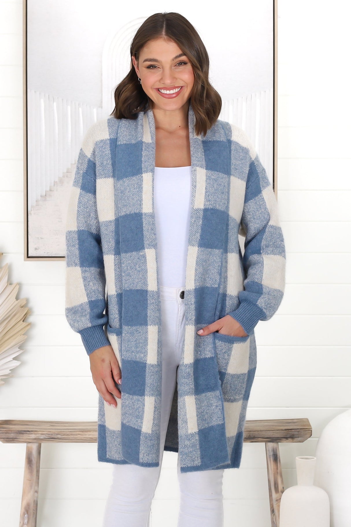 Adelen Cardigan - Folded Center Front Checkered Cardigan in Blue