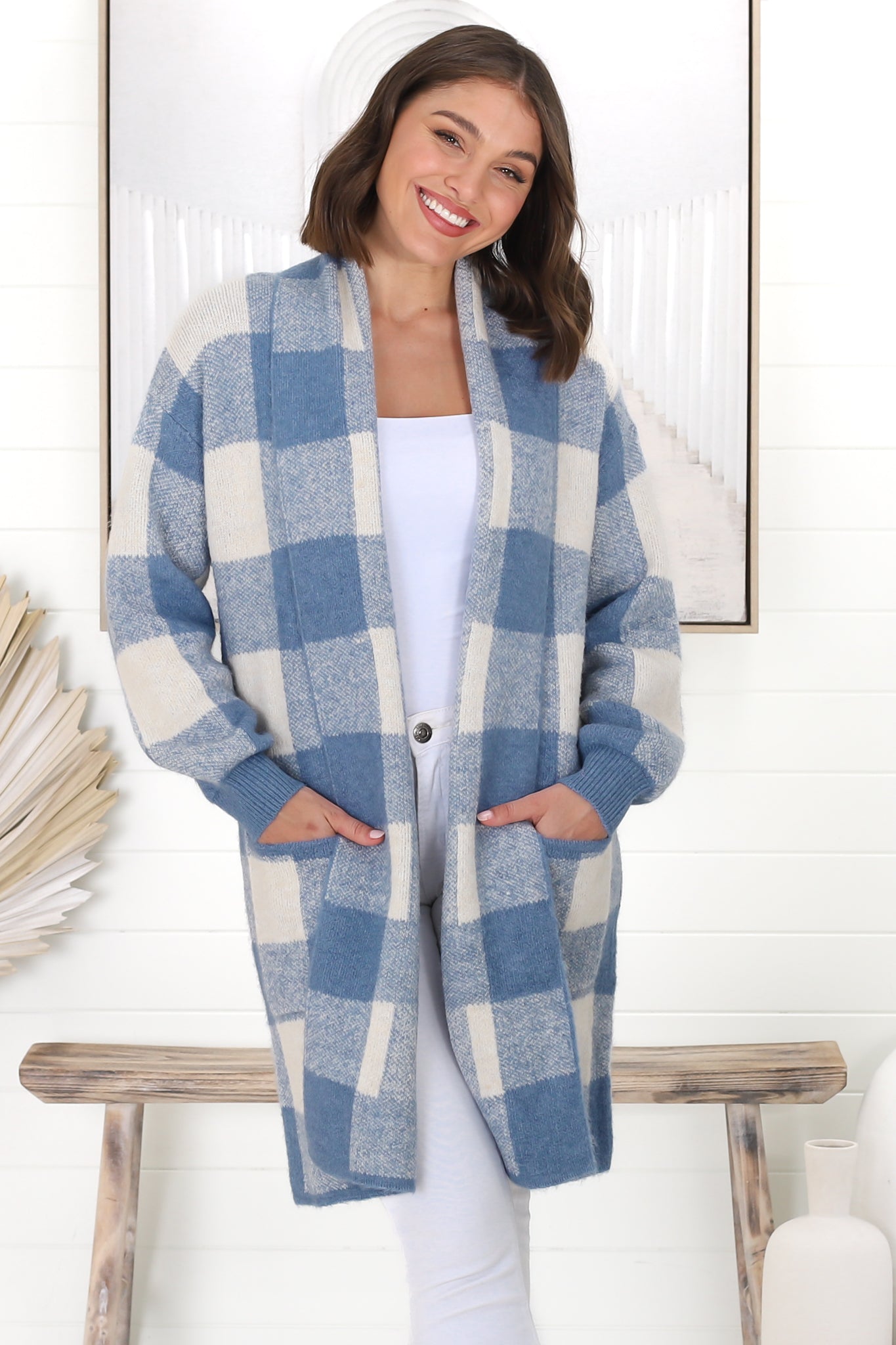 Adelen Cardigan - Folded Center Front Checkered Cardigan in Blue