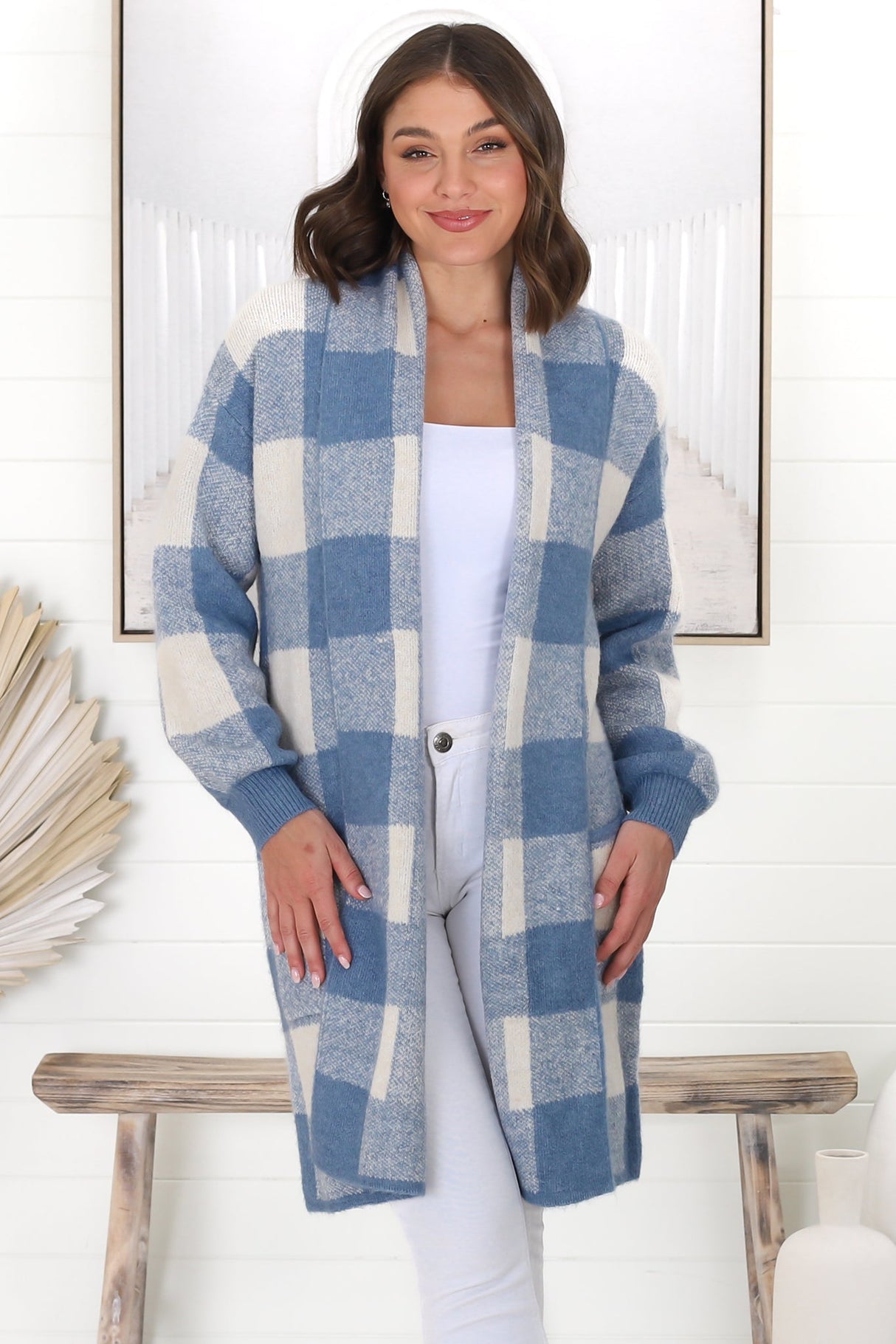 Adelen Cardigan - Folded Center Front Checkered Cardigan in Blue