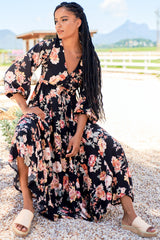 Anita - Black Winter Rose Maxi Dress