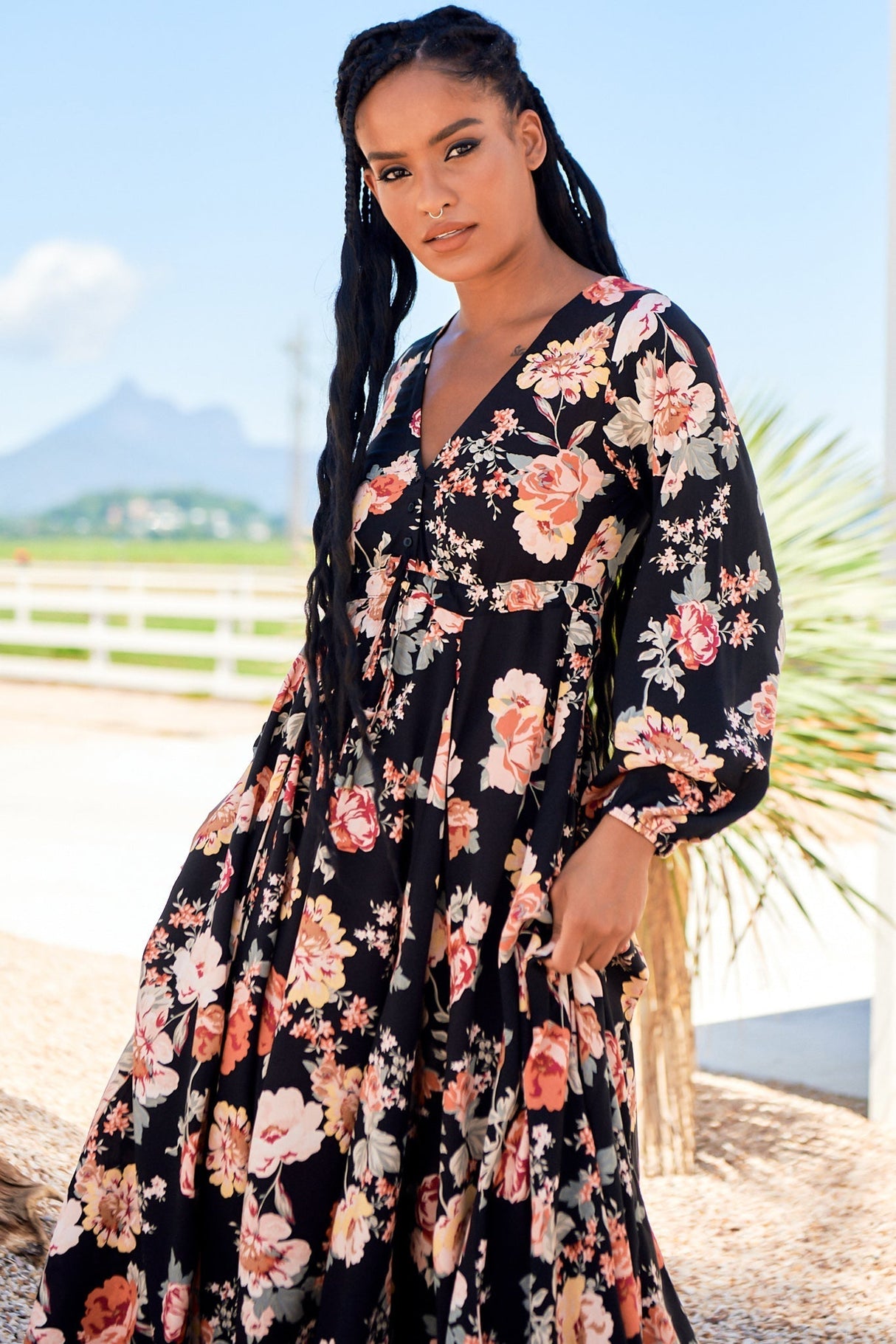 Anita - Black Winter Rose Maxi Dress