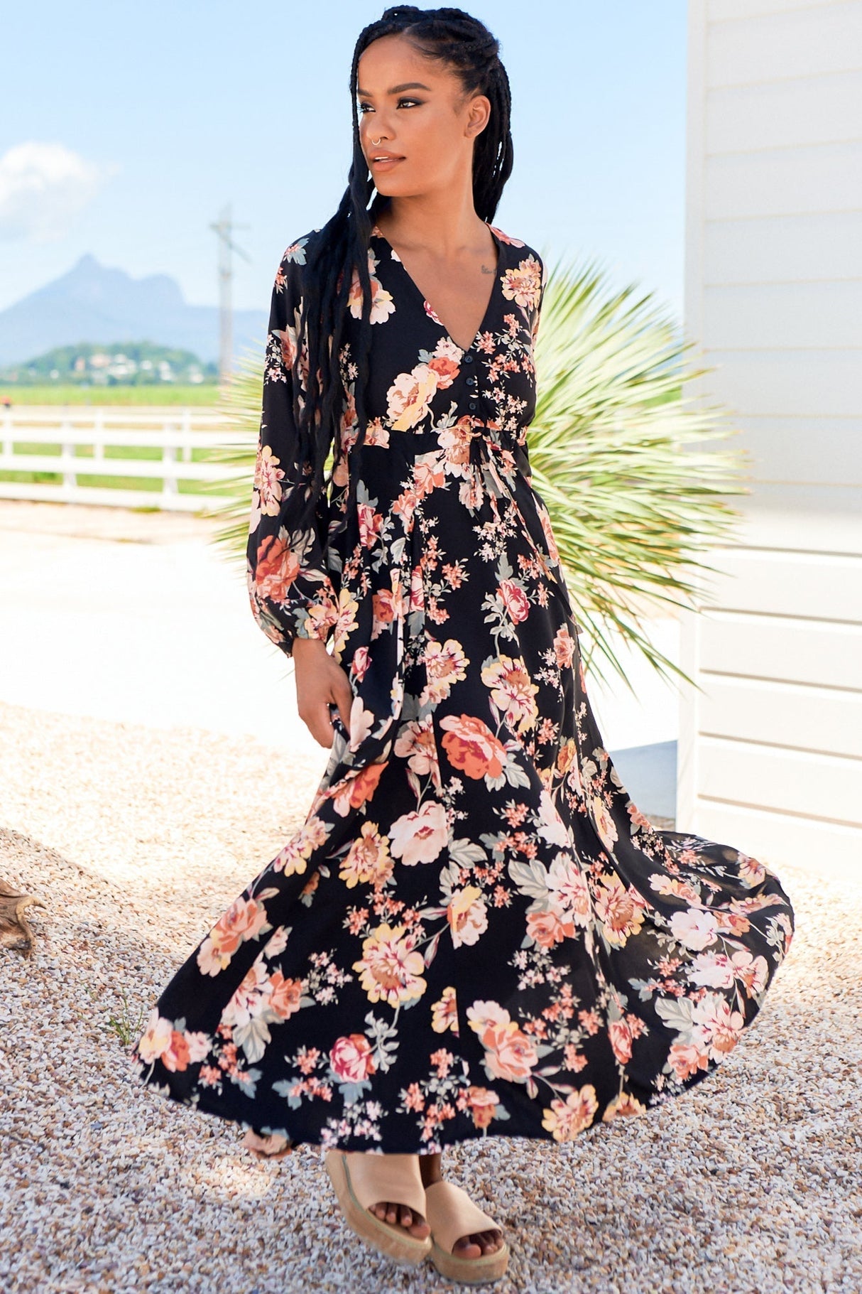 Anita - Black Winter Rose Maxi Dress