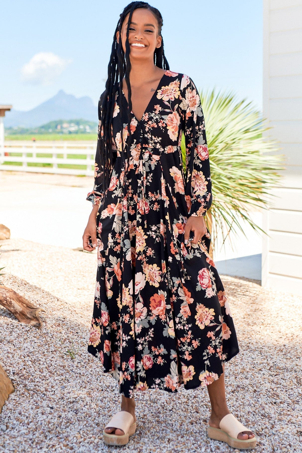 Anita - Black Winter Rose Maxi Dress