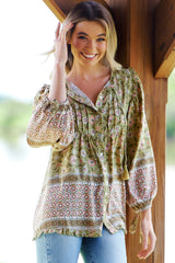 JAASE - Aries Blouse: Mandarin Collar Button Down Relaxed Blouse in Verdell Print