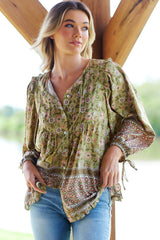 JAASE - Aries Blouse: Mandarin Collar Button Down Relaxed Shirt in Verdell Print