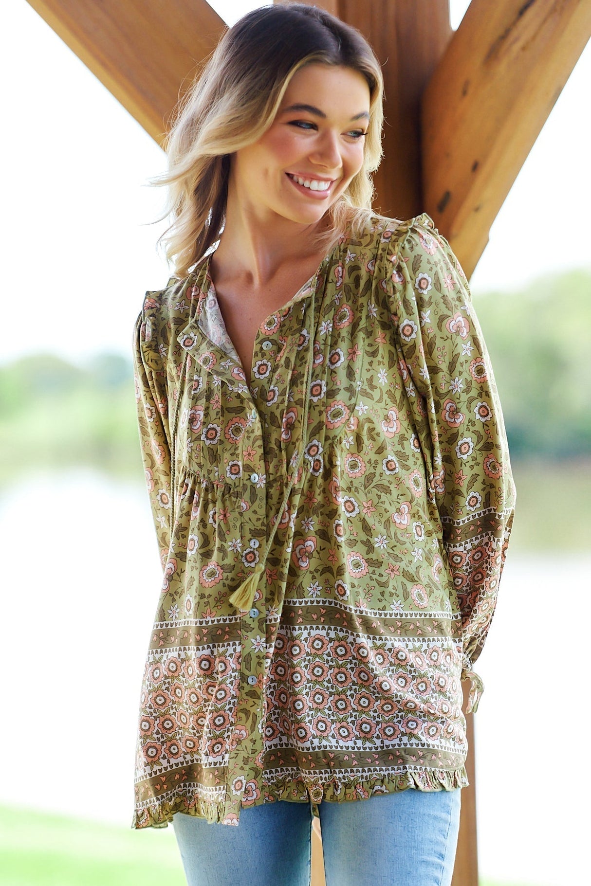 JAASE - Aries Blouse: Mandarin Collar Button Down Relaxed Shirt in Verdell Print