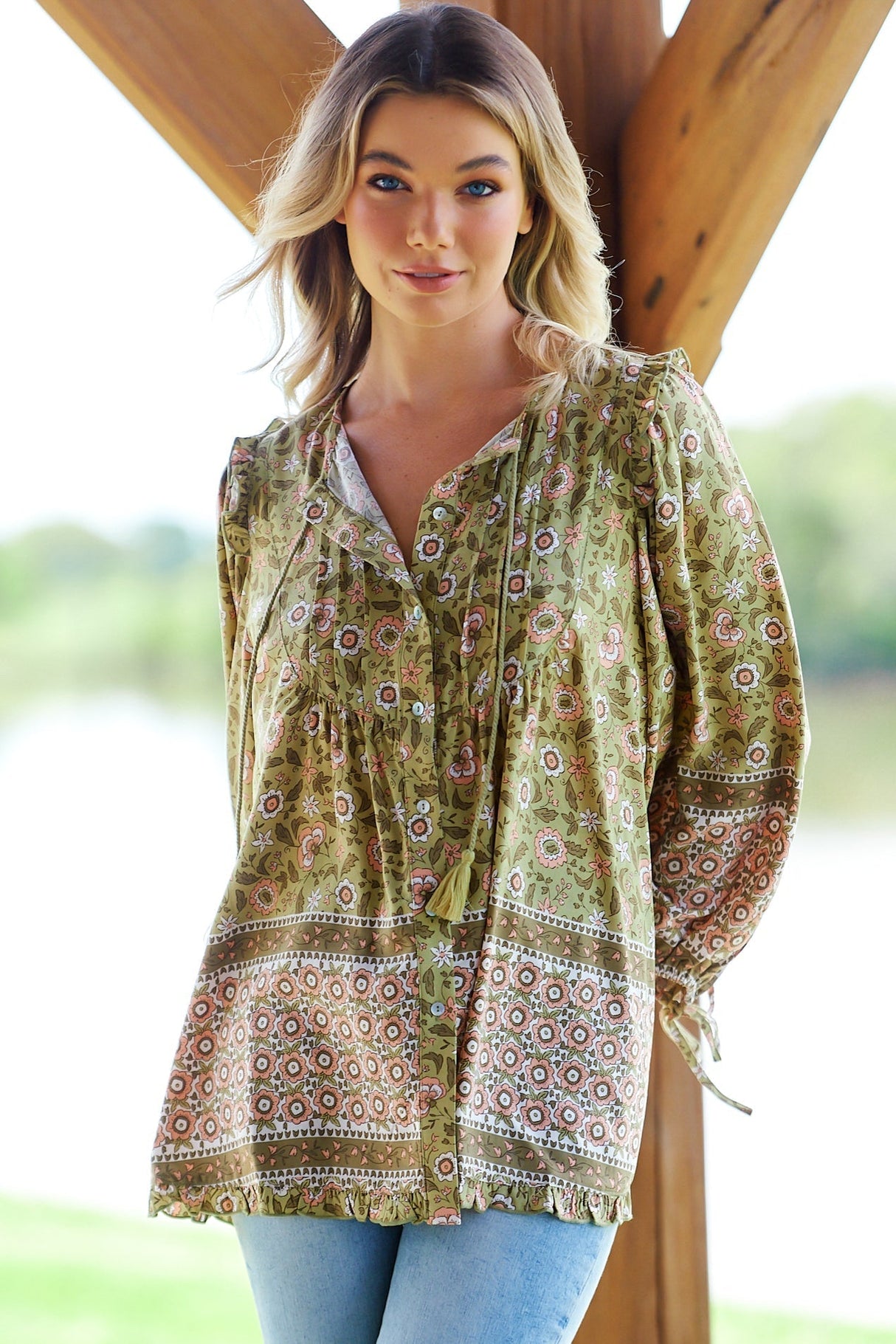 JAASE - Aries Blouse: Mandarin Collar Button Down Relaxed Blouse in Verdell Print