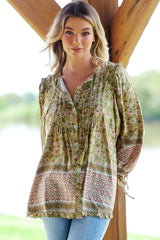 JAASE - Aries Blouse: Mandarin Collar Button Down Relaxed Shirt in Verdell Print