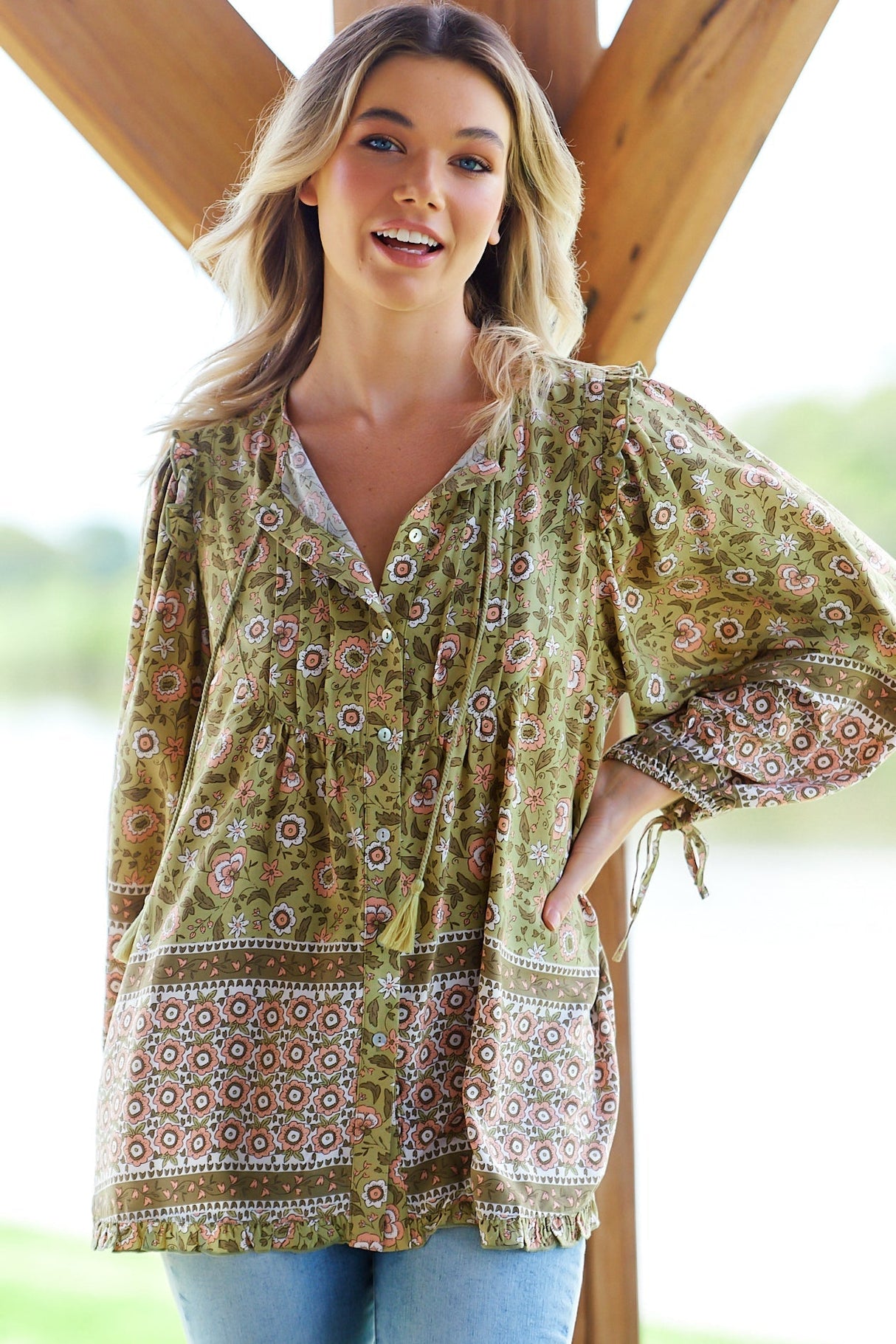 JAASE - Aries Blouse: Mandarin Collar Button Down Relaxed Shirt in Verdell Print