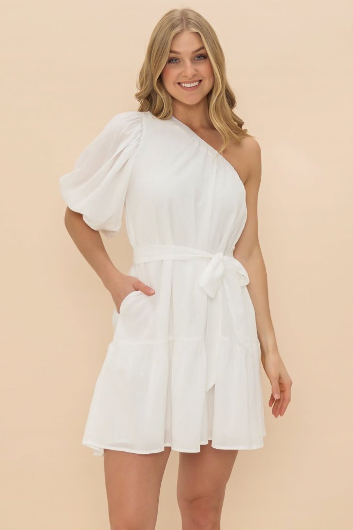 Aubrie Mini Dress - One Shoulder Puff Sleeve Dress with Belt in White
