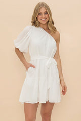 Aubrie Mini Dress - One Shoulder Puff Sleeve Dress with Belt in White