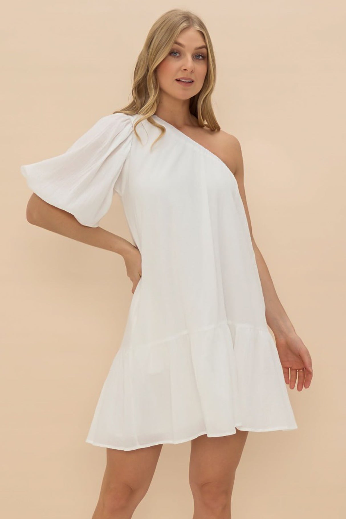 Aubrie Mini Dress - One Shoulder Puff Sleeve Dress with Belt in White