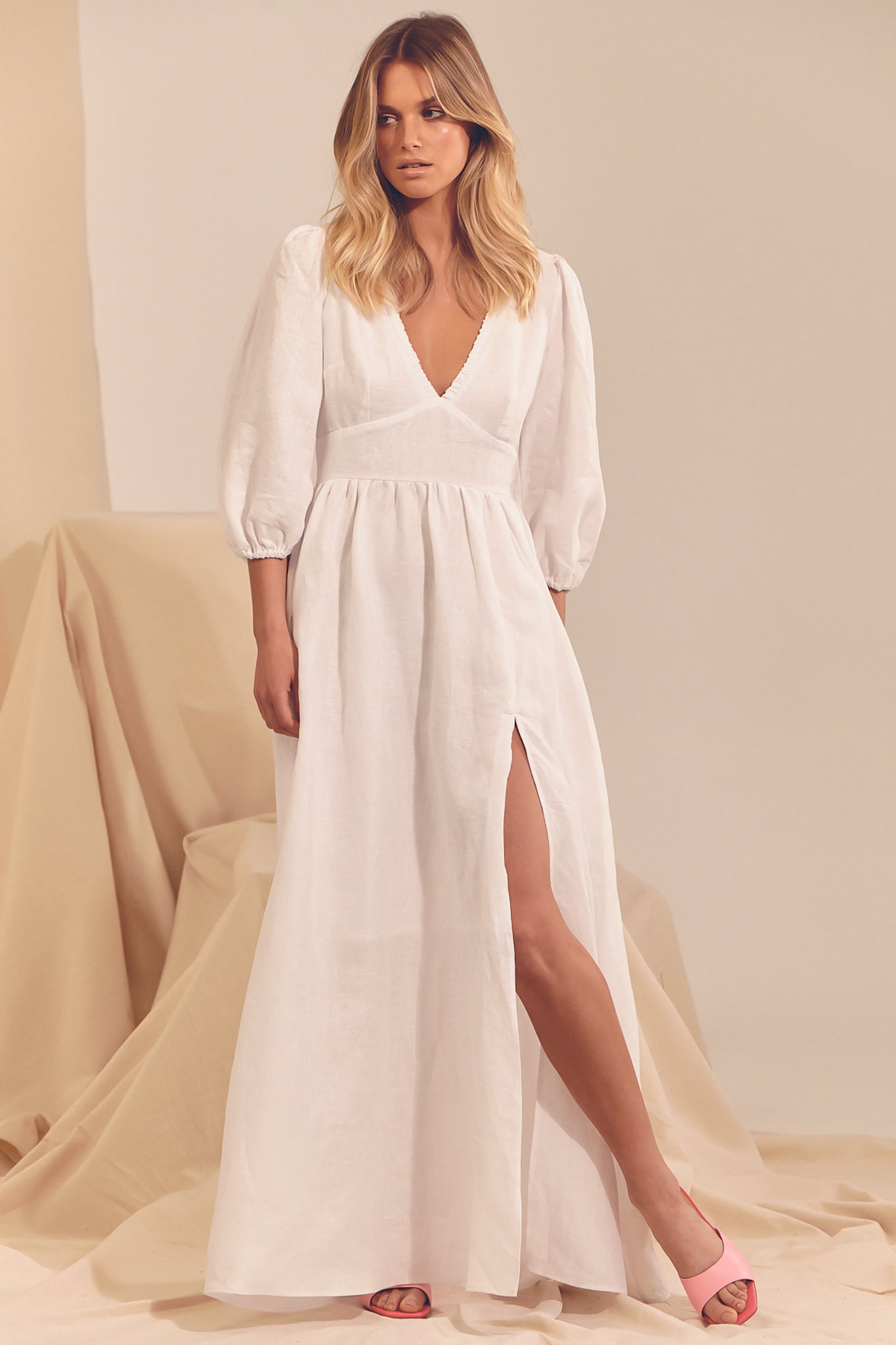 JAASE - Aura Maxi Dress: Linen V Neck Balloon Sleeve Dress with Split in White