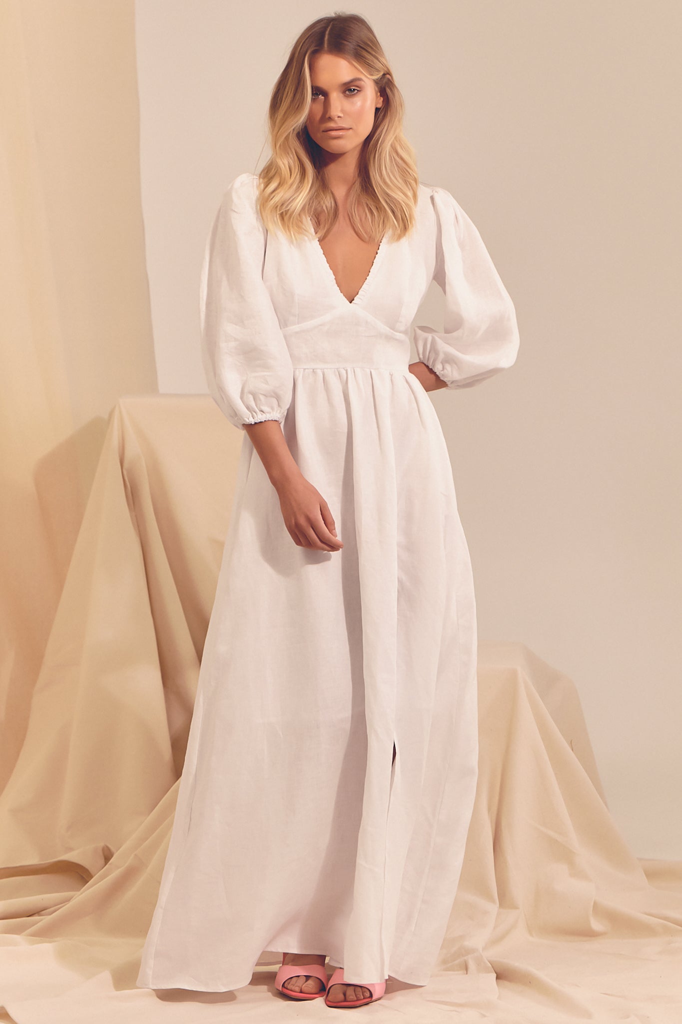 JAASE - Aura Maxi Dress: Linen V Neck Balloon Sleeve Dress with Split in White