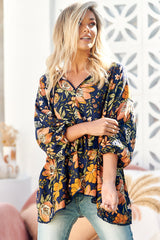 JAASE - Bajo Blouse: Crochet Trim Smock Top with 3/4 Sleeves in California Poppy Print