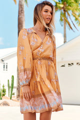 JAASE - Bali Mini Dress: V Neck with Tassel Tie A Line Dress in Mango Paper Crane Print