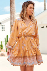 JAASE - Bali Mini Dress: V Neck with Tassel Tie A Line Dress in Mango Paper Crane Print