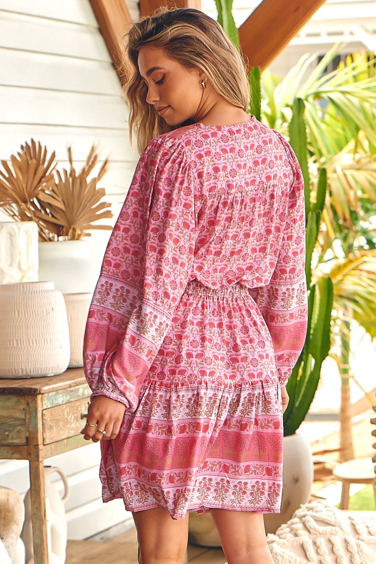 JAASE - Bali Mini Dress: V Neck with Tassel Tie A Line Dress in Rose Blossom Print