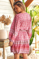 JAASE - Bali Mini Dress: V Neck with Tassel Tie A Line Dress in Rose Blossom Print